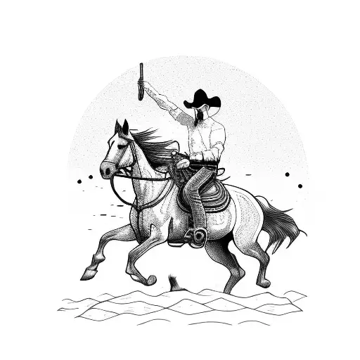 A Cowboy Riding A Horse Through A Desert Sunset