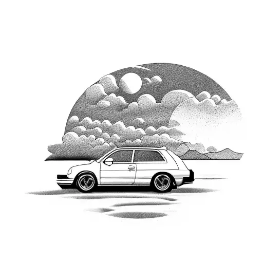 A Volkswagen Golf Driving Into A Vibrant Sunset Over A Calm Lake