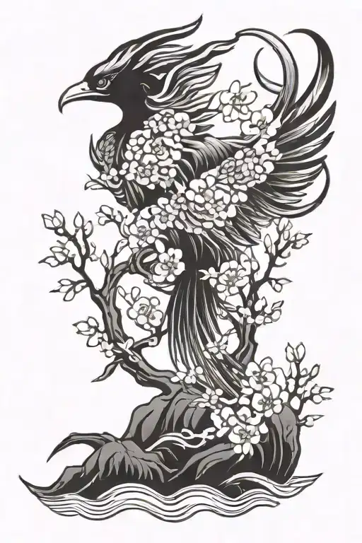 A Phoenix Rising From The Water With Intricate Japanese Sakura Tree