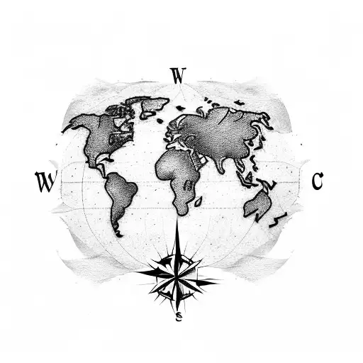 Compass Tattoo On World Map With Heart On Left Side