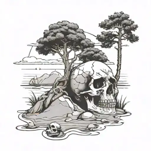 Skull And A Tombstone With A Pine Tree On A Beach Scene