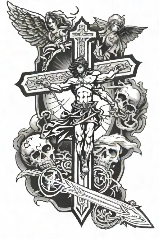 Forearm Tattoo With 3 Crosses At The Bottom And Saint Michael Above Them With A Sword