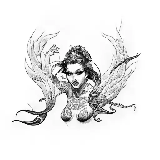 A Trash Polka Style Tattoo Of A Siren Swimming In The Ocean