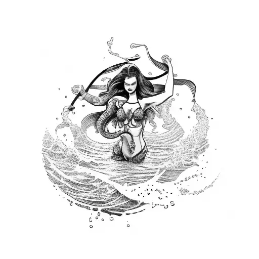 A Trash Polka Style Tattoo Of A Siren Swimming In The Ocean