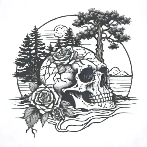Skull And Rose With A Sugar Pine Tree On A Beach Scene