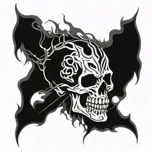 Skull With Fangs Wrapped In Barb Wire And Flames In The Background