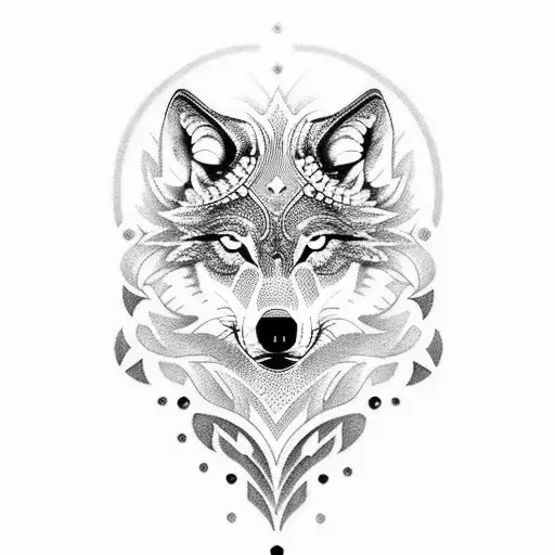 A Dotwork Tattoo Of A Majestic Wolf With Intricate Patterns Inspired By Sports Bike Gears
