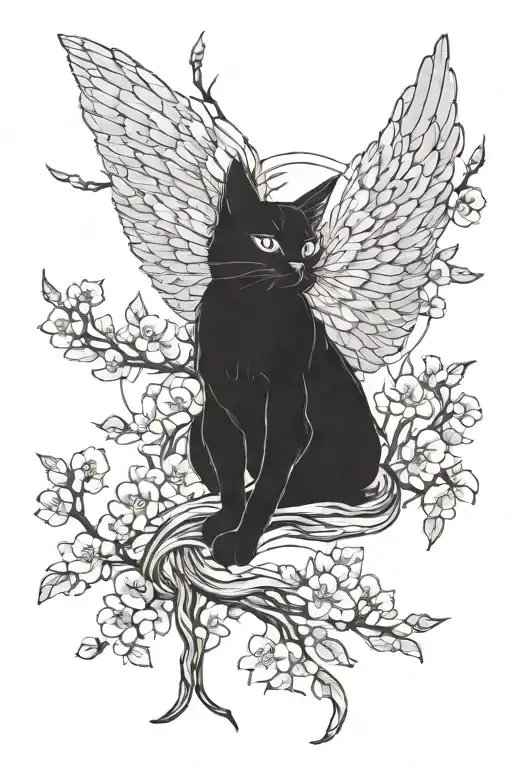 Cat With Wings Resembling A Phoenix On Sakura Branch