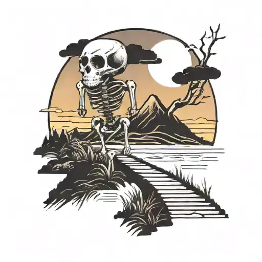 A Minimalist Tattoo Of A Skeleton Walking Along A Winding Path Towards A Glowing Sunset