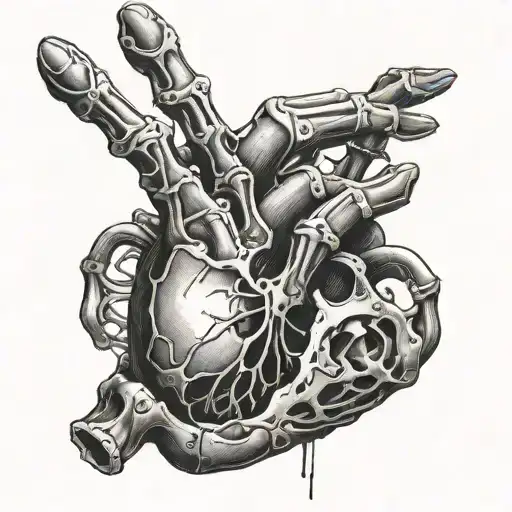 Hand And Skeleton Hand Reaching For Real Human Heart