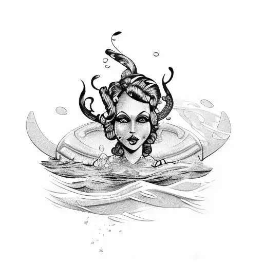 A Trash Polka Style Tattoo Of A Siren Swimming In The Ocean