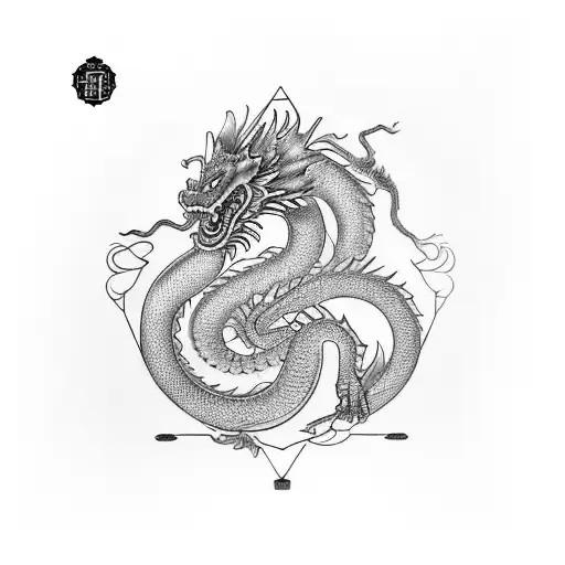 Realism Chinese Dragon On Thigh With Flower And Geometric Accents