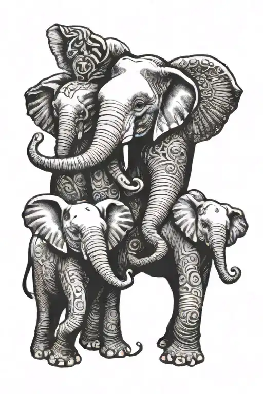 A Tattoo Of A Mother Elephant And Her Two Baby Elephants Playing Musical Instruments
