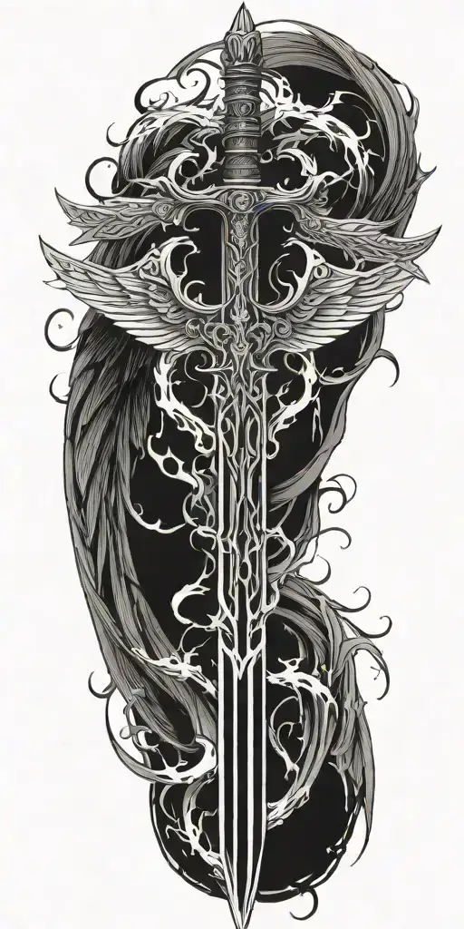 Black Sword Embedded Within Wings Made Of Fire