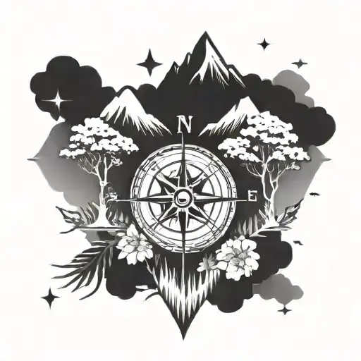 Compass Rose North Star Clouds Trees Mountains