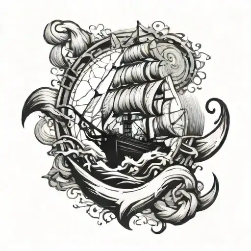Nautical Anchor With Ship Sailing In Rough Seas