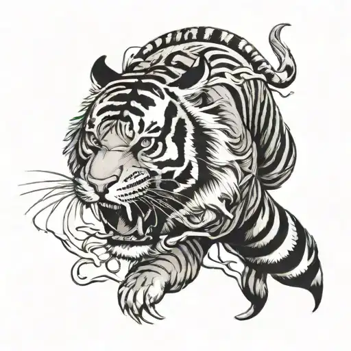 Tiger Fighting A Fish Jumping