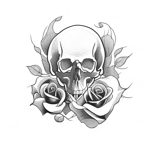 Skull With Knife In It And Roses