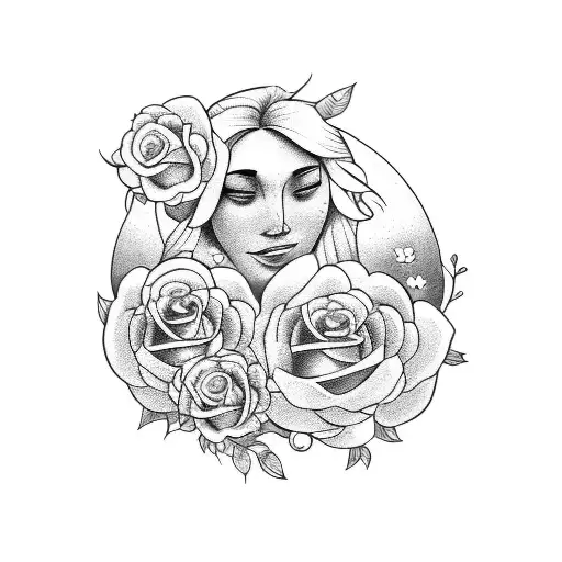 A Tattoo Design Featuring A Mother Embracing Her Children Surrounded By Different Flowers And Gems