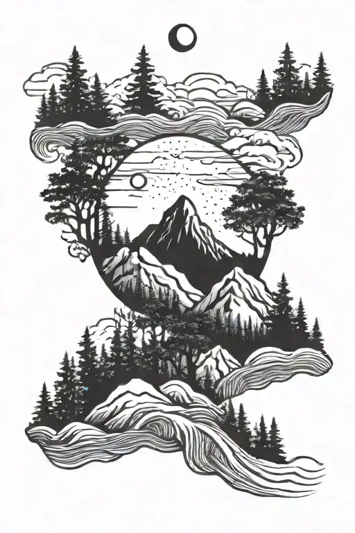 Forest With Mountain Range And Moon