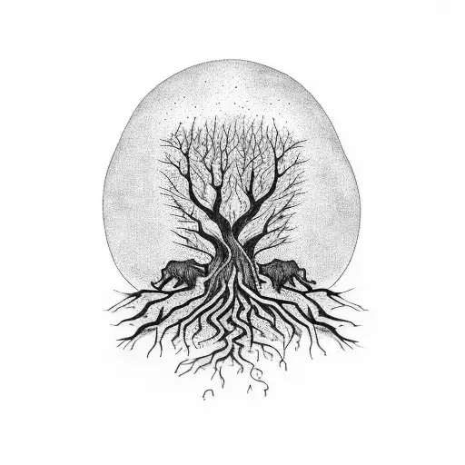 Tree With Roots And Wolf