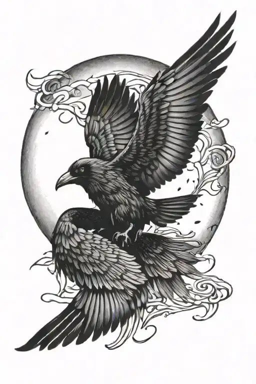 Crow Flying Wings Spread Towards Moon Intertwined