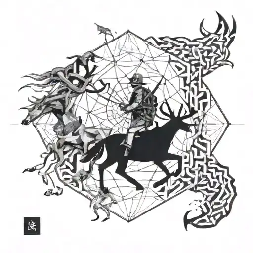 A Tattoo Of A Hunting Scene With Mythical Creatures In A Physics-inspired Geometric Pattern