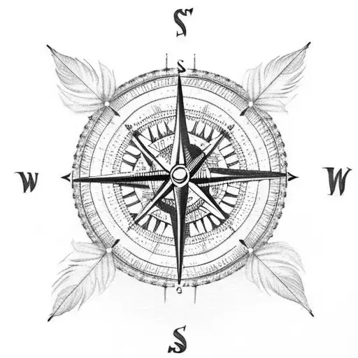 Compass Inside A Dream Catcher With Arrows Pointing Up And Feathers