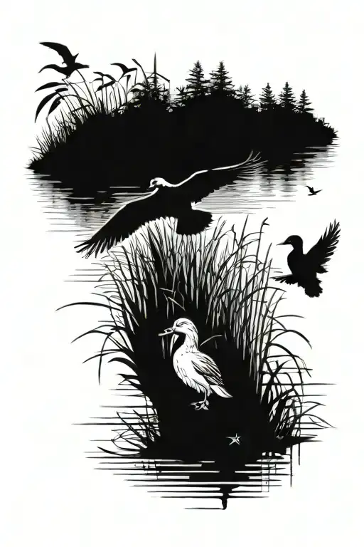 Duck Flying Over A Pond With Cattails And A Silhouette Of A Man And Dog