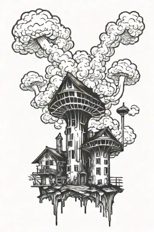 Burned Buildings With Mushroom Clouds Background Black And White