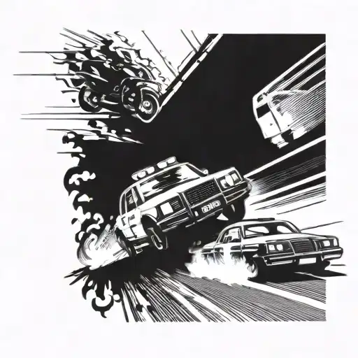 A Dynamic Composition Of A Police Car Chasing A Speeding Racing Car On A Racetrack