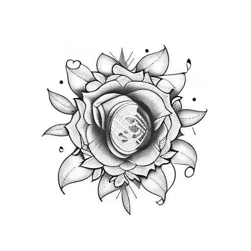 A Blackwork Tattoo Design Featuring A Vintage Car Surrounded By Music Notes And Flowers