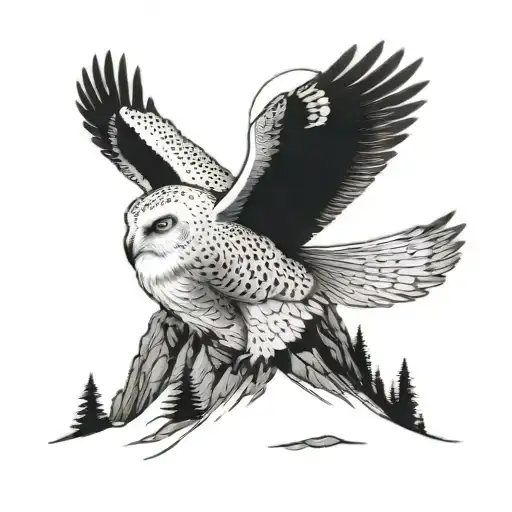 A Tattoo Design Featuring A Majestic Snowy Owl Perched On A Mountain Peak In Middle-earth