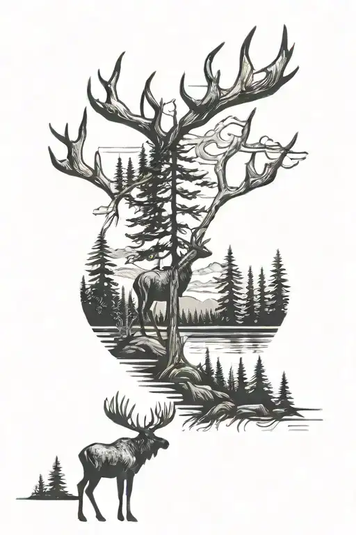 Moose Antlers In The Form Of A Forest Landscape