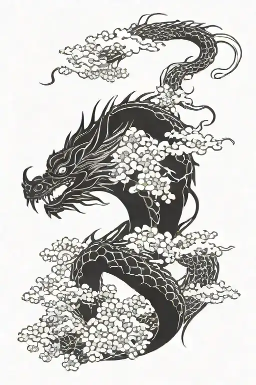 Dragon With Japanese Clouds With A Sakura And A Japanese Woman
