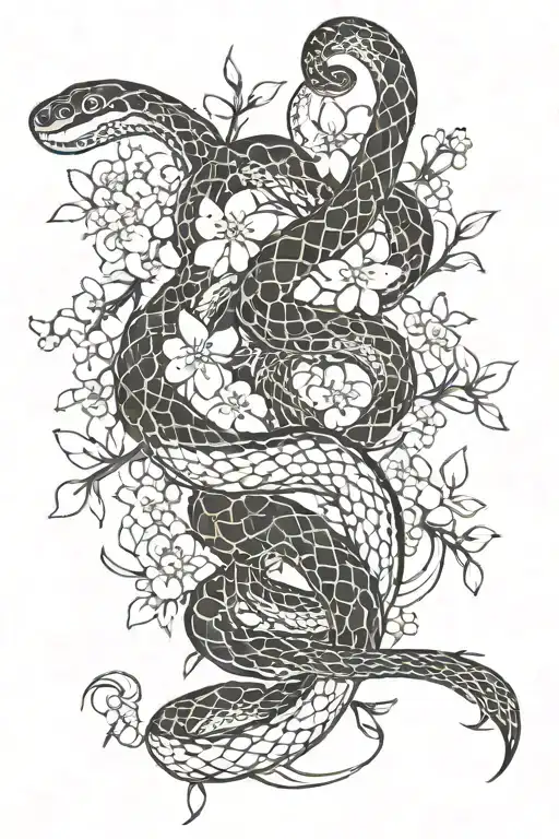 Asian Snake And Metalcore Music Notes And Cherry Blossoms