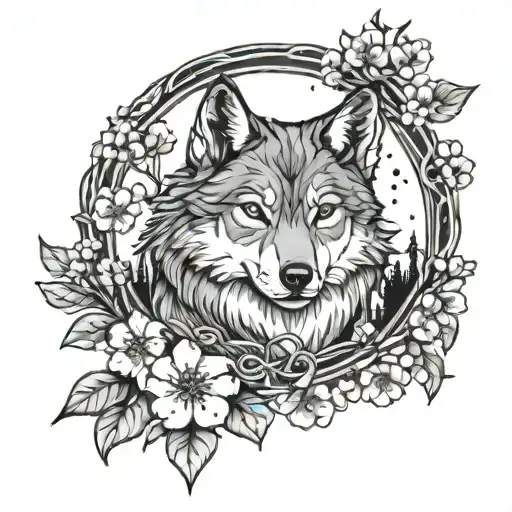 Emt Symbol With Wolf Surrounded By Cherry Blossoms