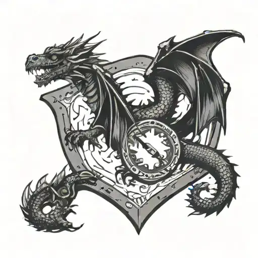 A Black Dragon Holds A Shield With A Rocket Painted On It