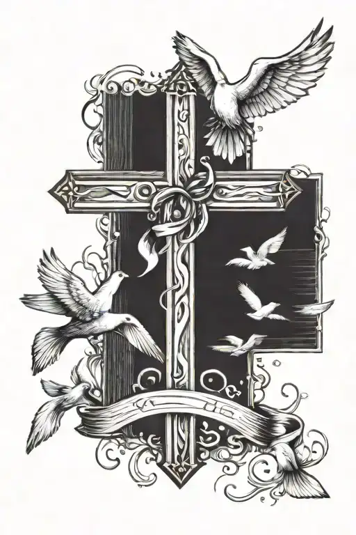 Wooden Cross With Cancer Ribbon In Background With Doves Flying Away From The Top Of The Cross