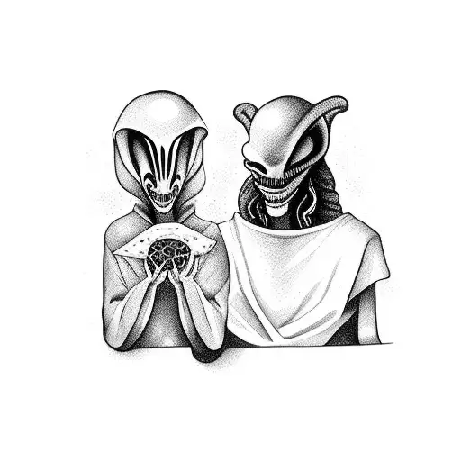 Alien And Jesus Eating Pizza In The Same Table