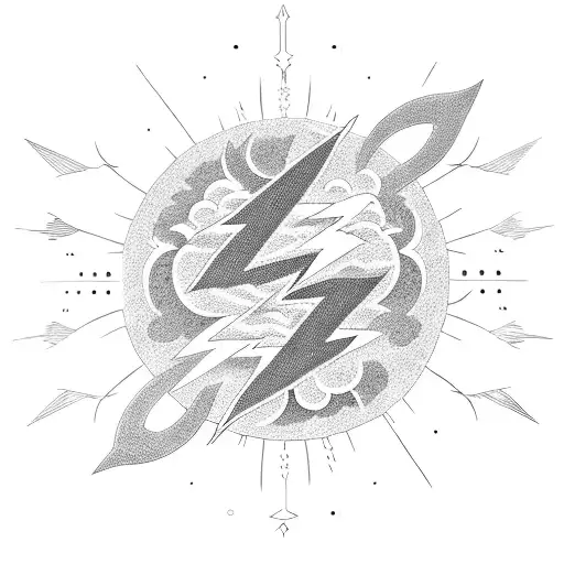 Celestial Japanese Sun Surrounded By Lightning Bolts In A Blackwork Style