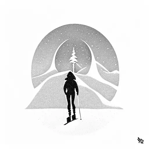 A Silhouette Of A Skier Against A Gradient Background Of Snow And Sun