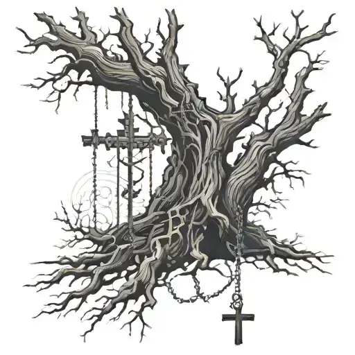 Dead Tree With Crosses Hanging From Chains