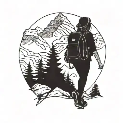 A Girl With Backpacks Walk On Mountain Range Simple