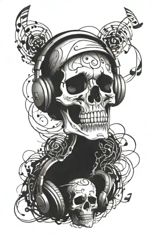 A Skull Wearing Headphones With Musical Notes Swirling Around It