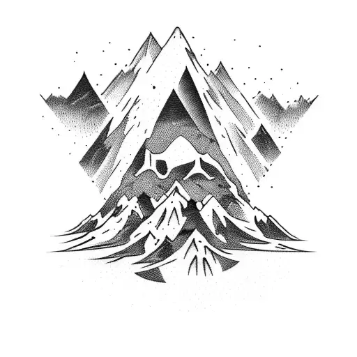 A Blackwork Tattoo Of A Mountain Range With Hidden Horror Elements Like Skulls And Ghosts