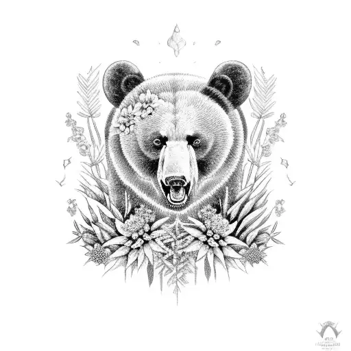 Formosan Black Bear Surrounded By Silver Ferns And Edelweiss Flowers