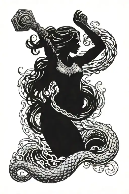 Mjolnir With Black Skinned Mermaid With Flowing Hair Wrapped Around Handle