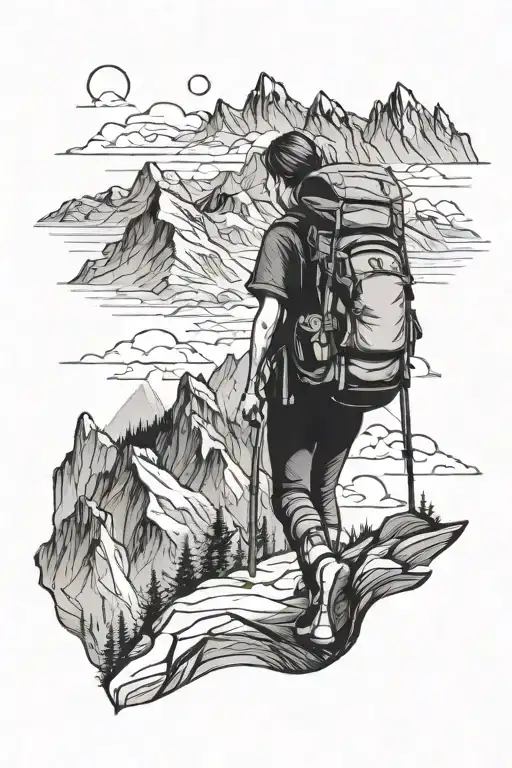 A Girl With Back Pack Walking On Mountain Peaks