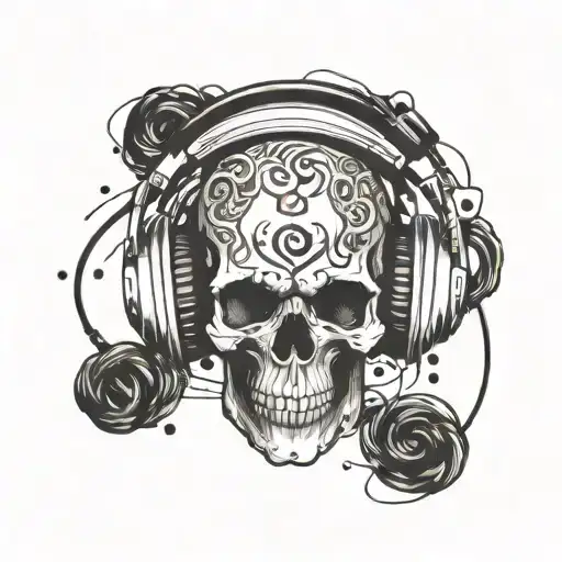 A Skull Wearing Headphones With Musical Notes Swirling Around It